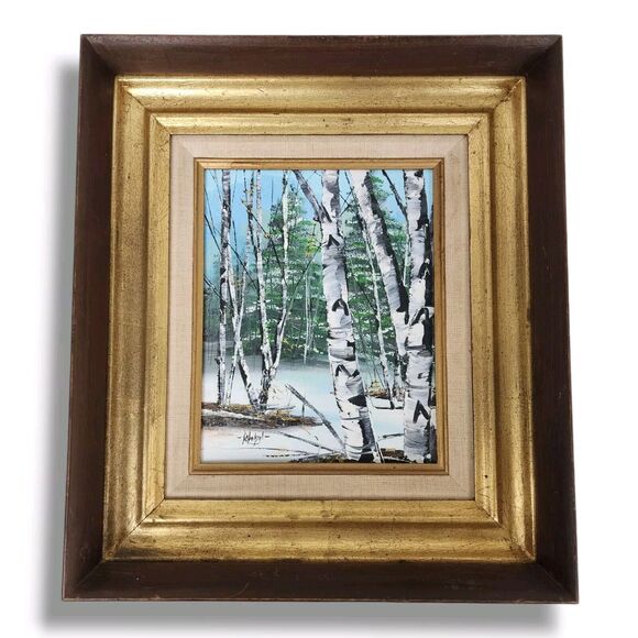 Birch Tree Oil Painting Northwoods Snowy Forest Winter Woods Aspen Pine Fir Snow - Picture 1 of 12